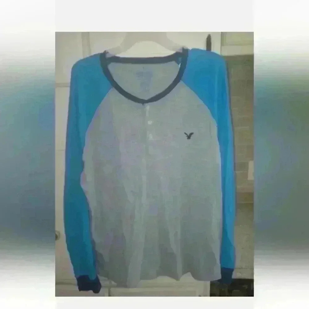 American Eagle AEO Heritage Gray & Blue Men's Long Sleeve Thermal Shirt Size XL